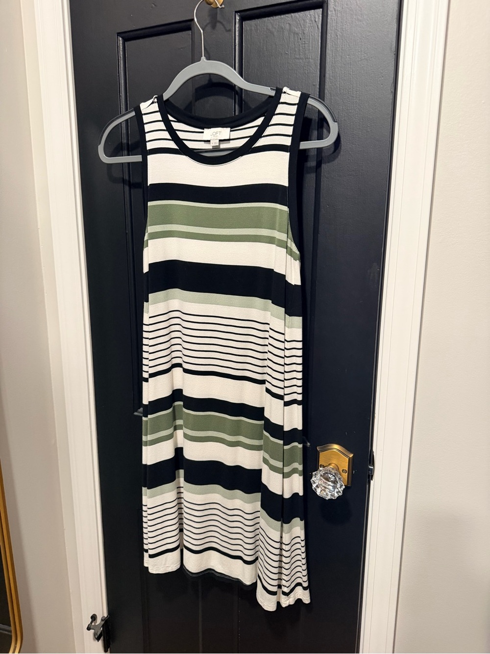 LOFT Black, White & Olive Striped Tank Dress